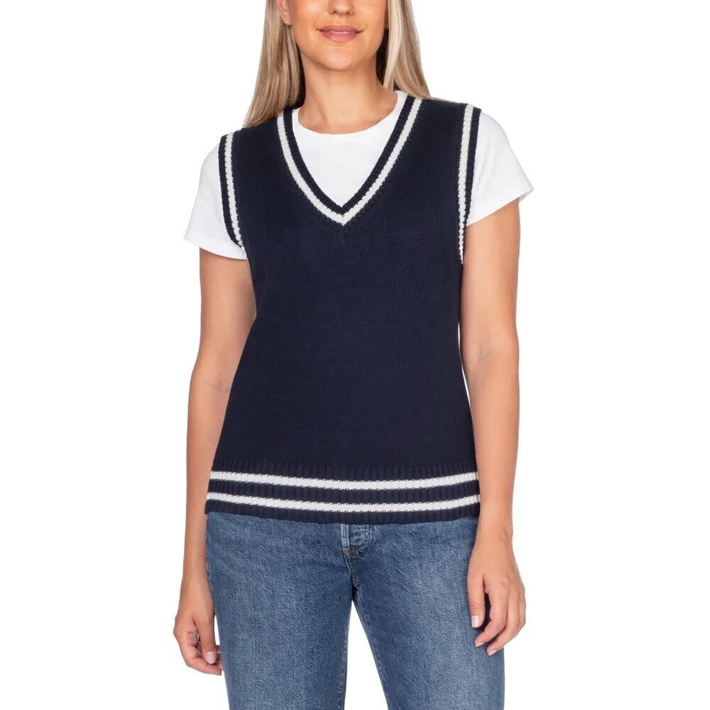 In Conversation Womens Cotton Sweater Vest Navy Sleeveless Preppy